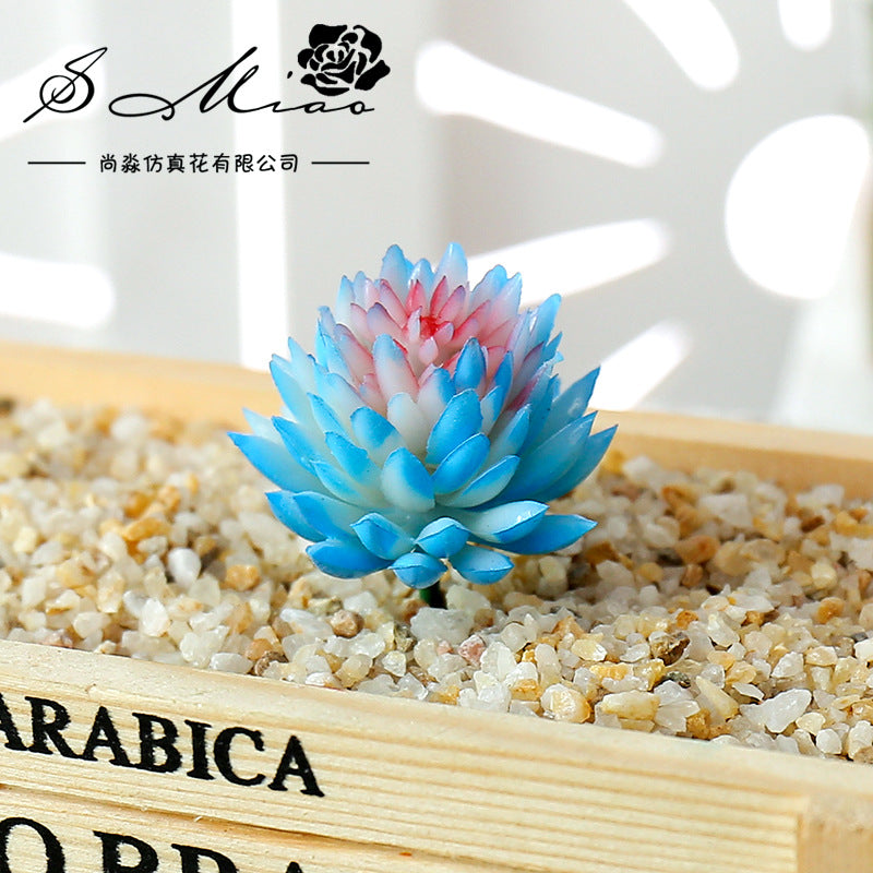 A vibrant blue and pink artificial succulent bonsai ball is displayed in a wooden box filled with small gravel.