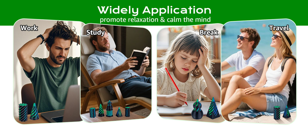 A set of 3D printed spiral fidget toys used for relaxation and stress relief in various contexts.