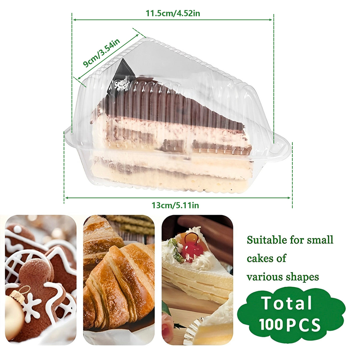 Clear plastic containers holding triangle slices of cake or other small cakes