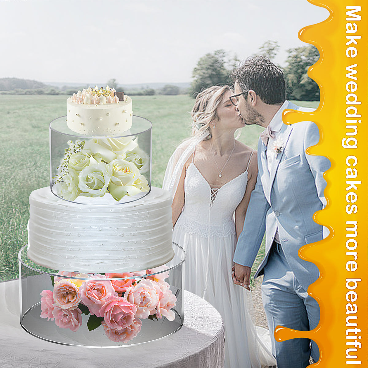 A wedding couple is pictured next to a tiered cake display featuring pink roses and white flowers.