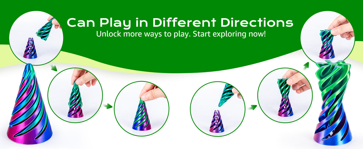 A set of 3D printed spiral fidget toys in various colors and directions demonstrating different ways to play.