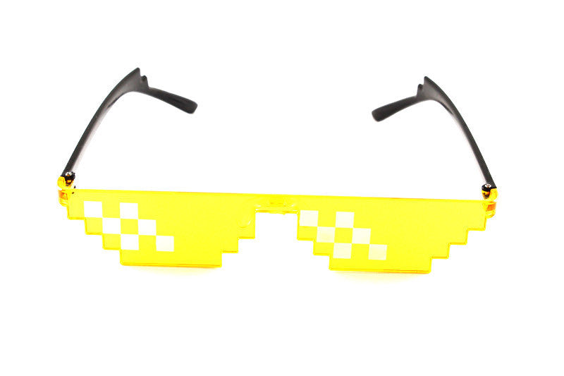 Yellow pixel mosaic sunglasses with black frames and UV400 protection