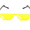 Neon yellow pixel mosaic sunglasses with black frames and UV400 protection