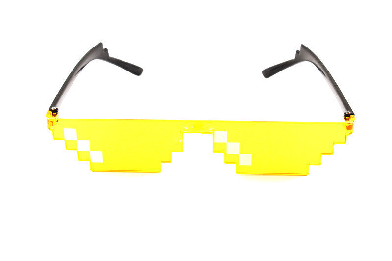 Neon yellow pixel mosaic sunglasses with black frames and UV400 protection