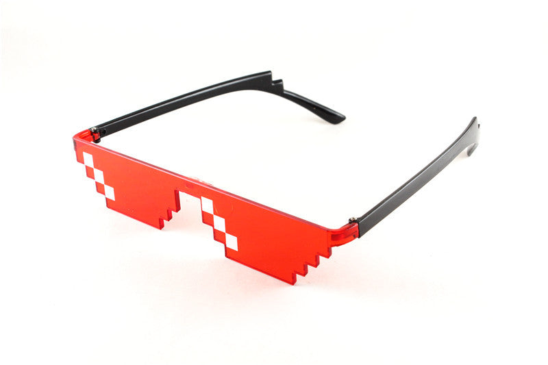 Red and white checkered pixel mosaic sunglasses with black frames