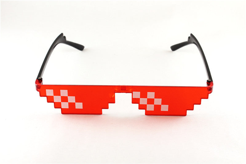 Red sunglasses with a white pixel mosaic pattern and black frames.