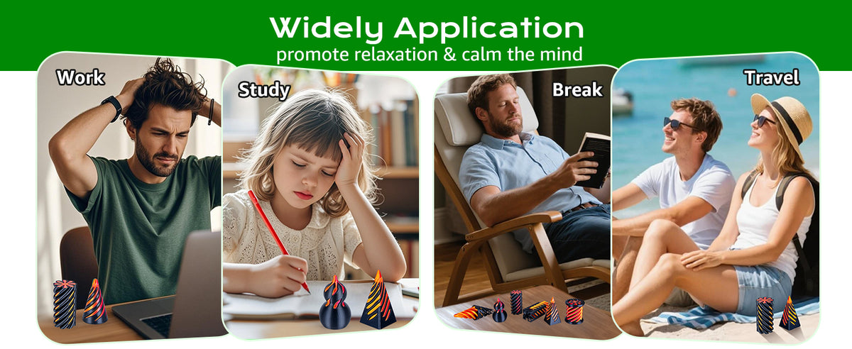 A set of 3D printed spiral fidget toys used for relaxation and stress relief in various contexts.