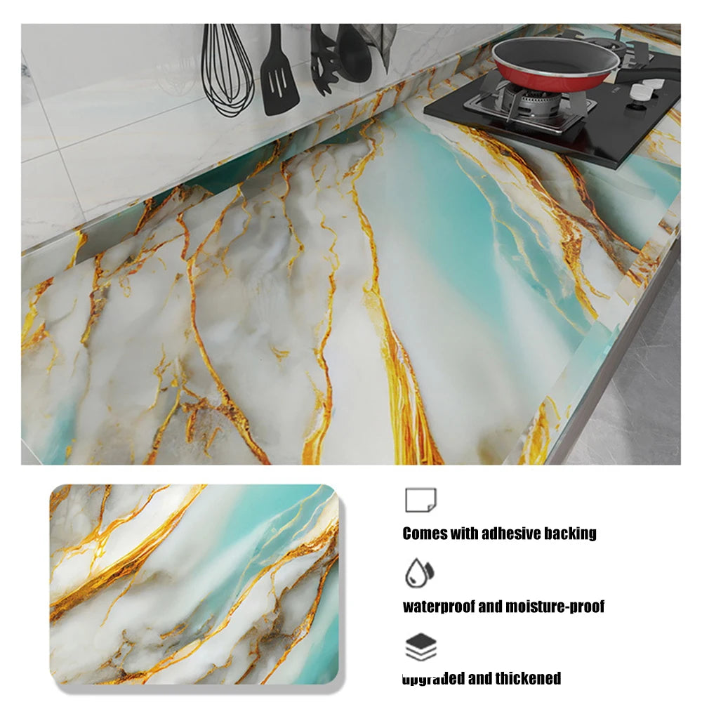 Marble pattern self-adhesive backsplash panel featuring white and gold veining on a light blue background