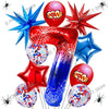 A collection of red and blue foil balloons shaped like the number 40, stars, and spiders.