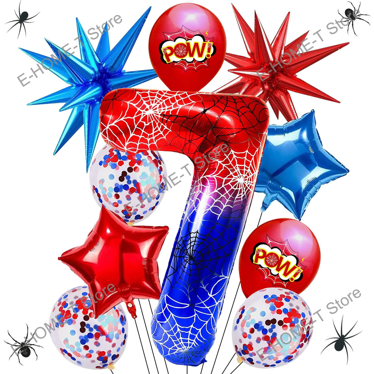 A collection of red and blue foil balloons shaped like the number 40, stars, and spiders.
