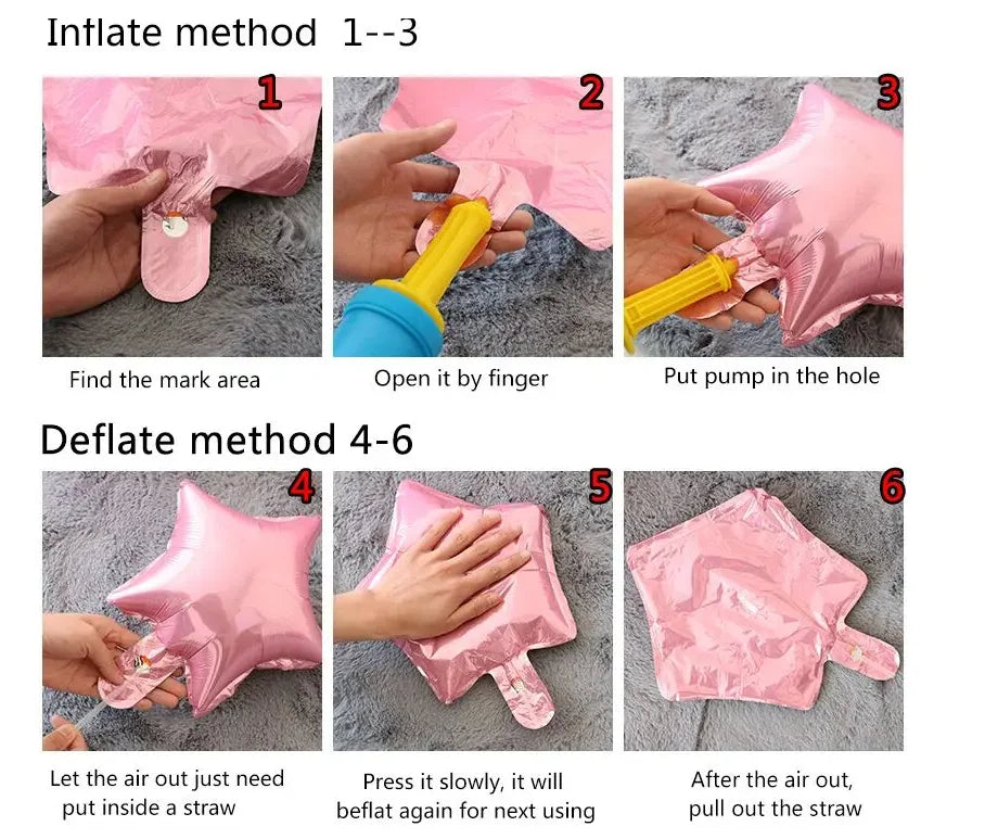 Instructions showing methods to inflate and deflate a pink heart-shaped foil balloon