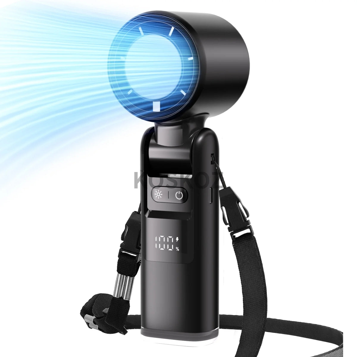 A black handheld cooling fan with a blue light emitting rays, shown against a white background.