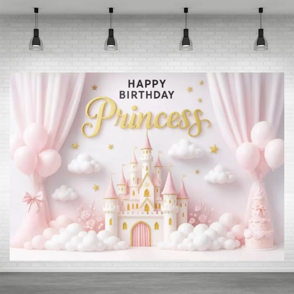 A pink princess castle backdrop featuring a castle, clouds, and pink balloons for a birthday party.