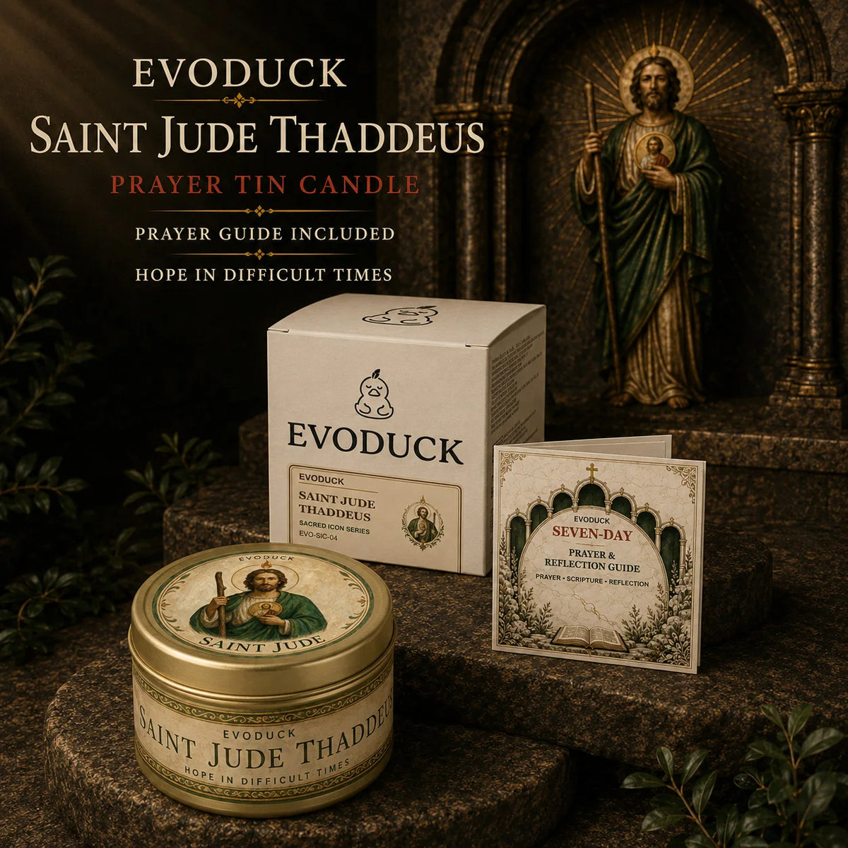 Evoduck Saint Jude Thaddeus prayer tin candle and guide set displayed on a dark surface with a religious statue in the backgr