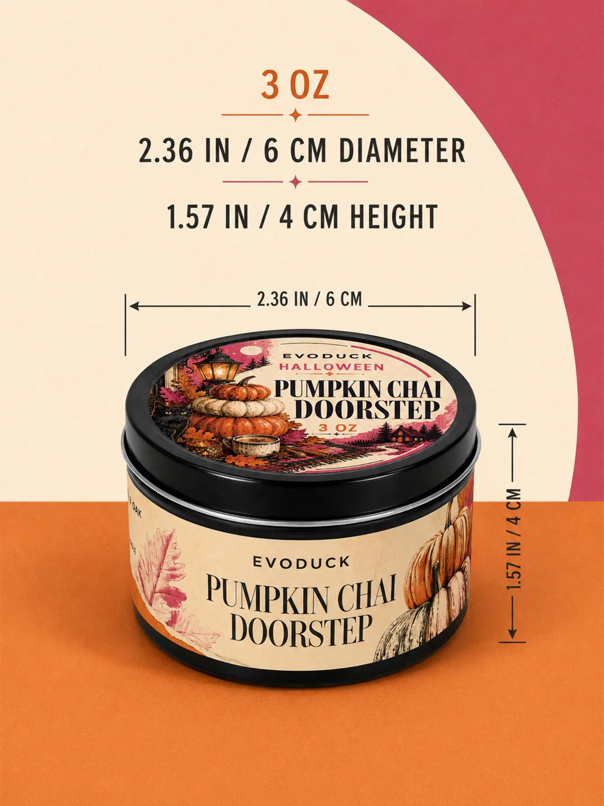 A black tin of Pumpkin Chai Doorstep candle with dimensions 2.36 in diameter and 1.57 in height.