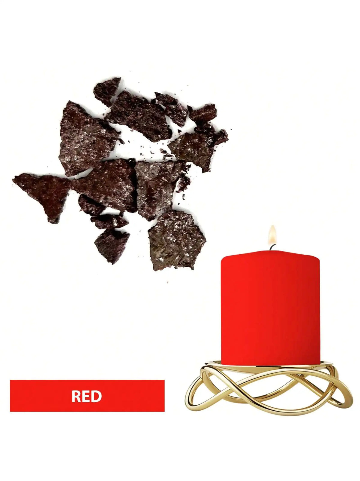 A red candle in a gold holder next to dark brown dye blocks.
