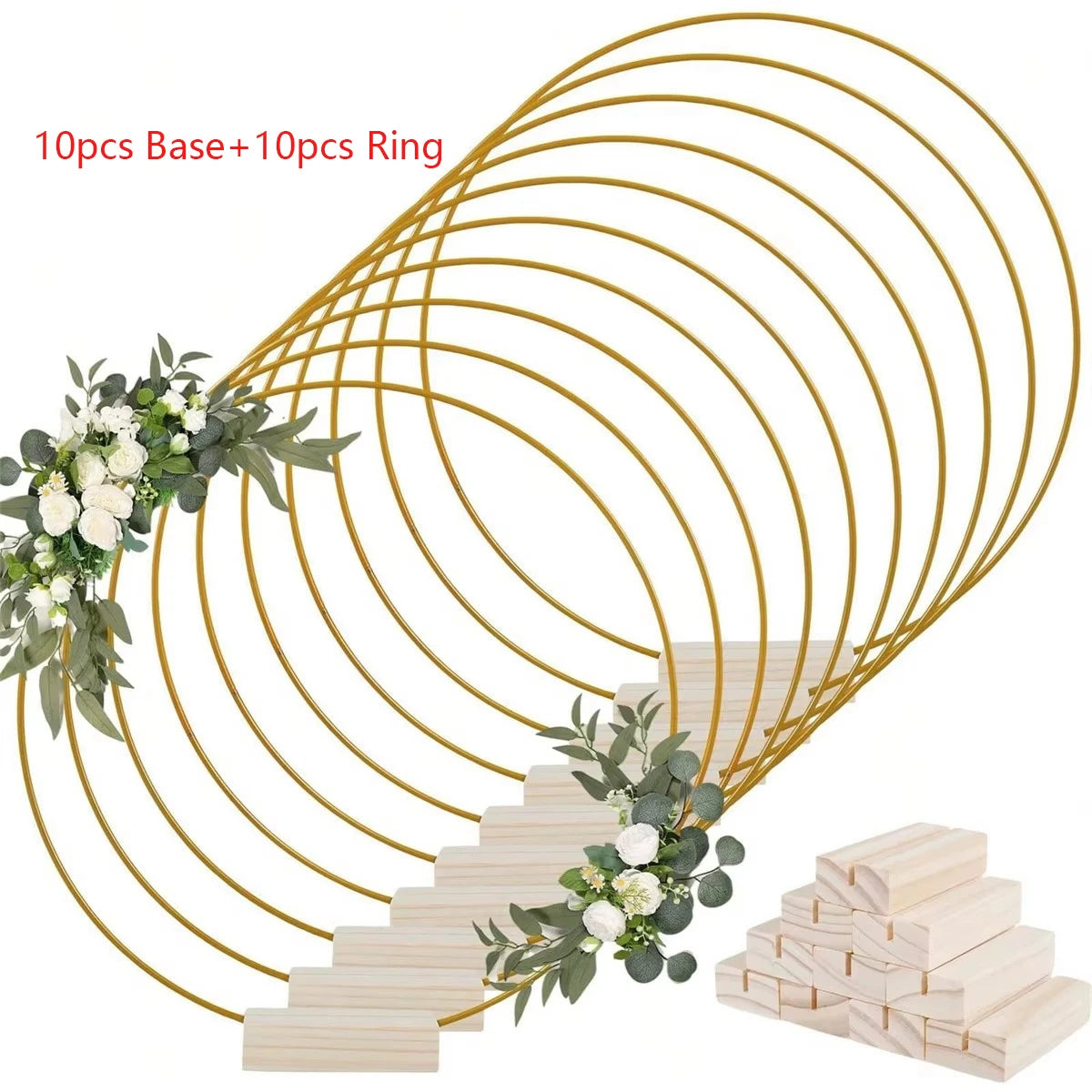 A set of 10 gold metal hoop centerpieces with stands arranged in a circular pattern.