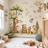 Watercolor woodland forest animal wall decals featuring various cute animals like bears, deer, and birds on a light wall.