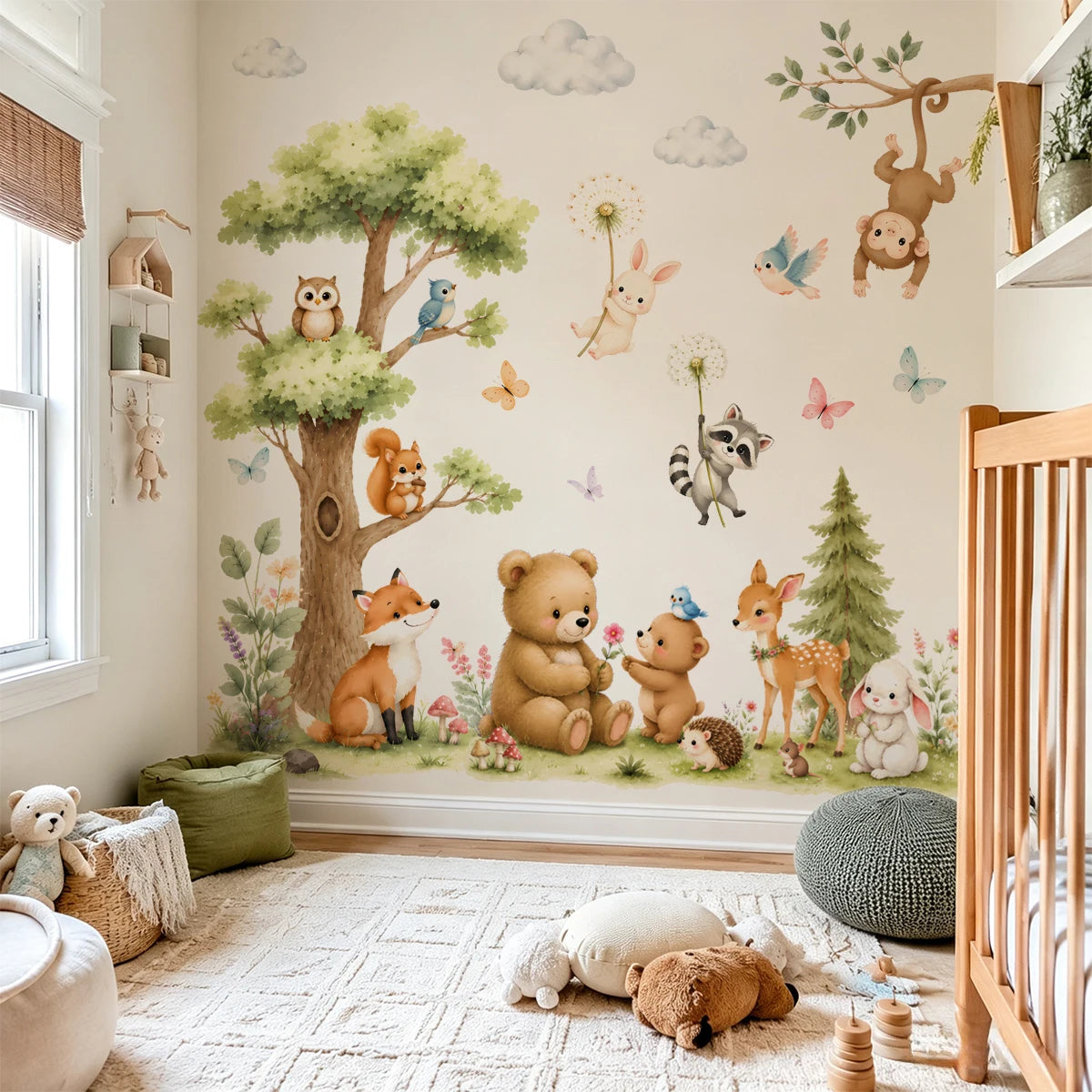 Watercolor woodland forest animal wall decals featuring various cute animals like bears, deer, and birds on a light wall.