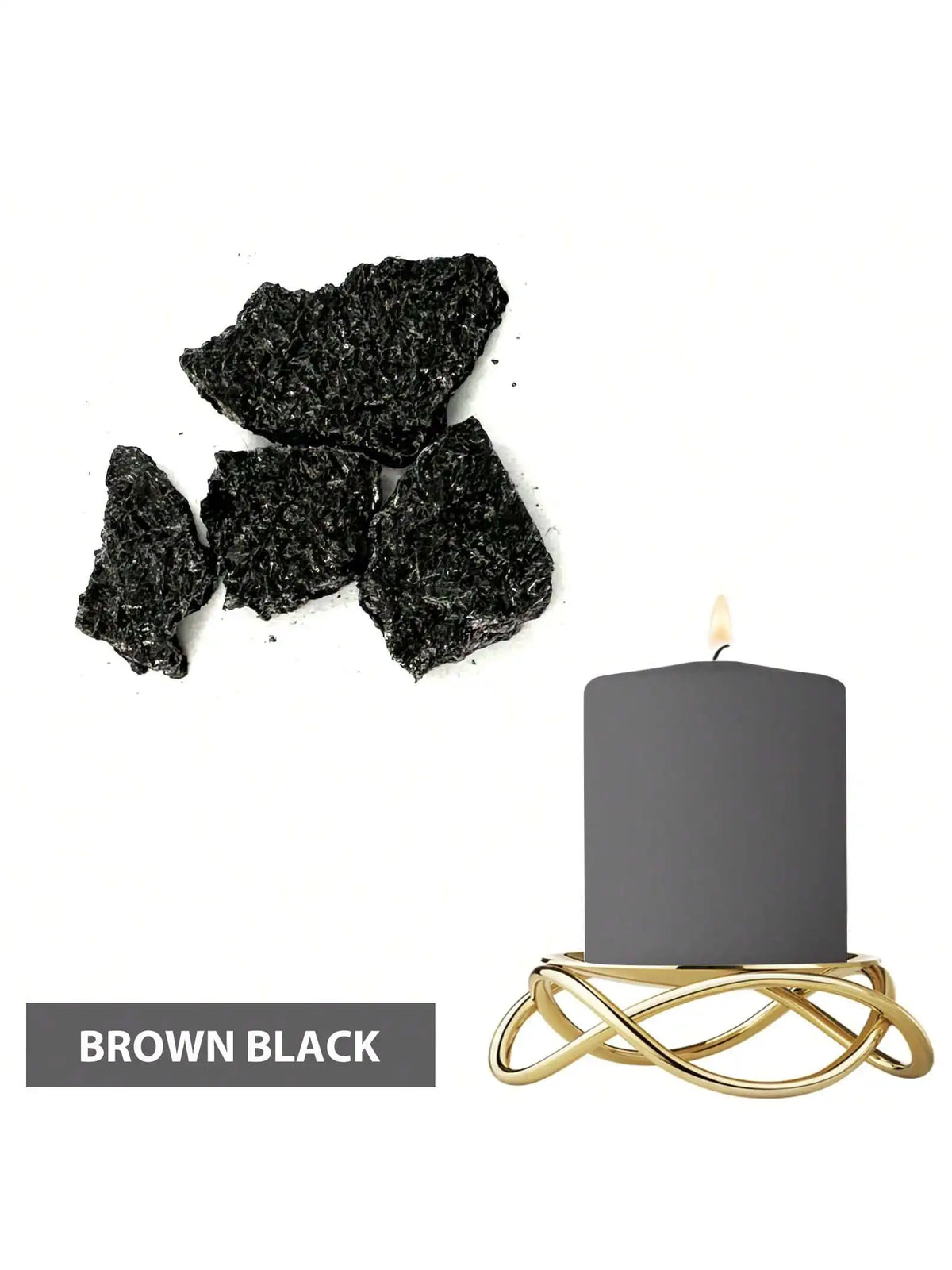 Brown black candle dye blocks next to a gold-wired pillar candle.