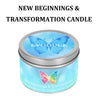 A glass jar candle labeled New Beginnings & Transformation Candle featuring a blue butterfly design.