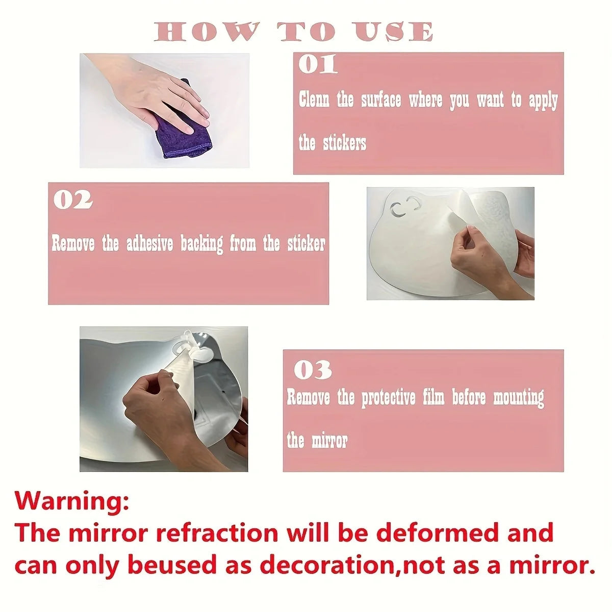 Instructions for applying self-adhesive acrylic mirror wall stickers, showing steps to clean the surface and mount the mirror