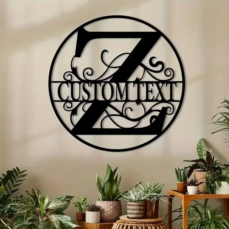 A black metal wall sign featuring the number seven and custom text in an ornate script on a light beige wall.