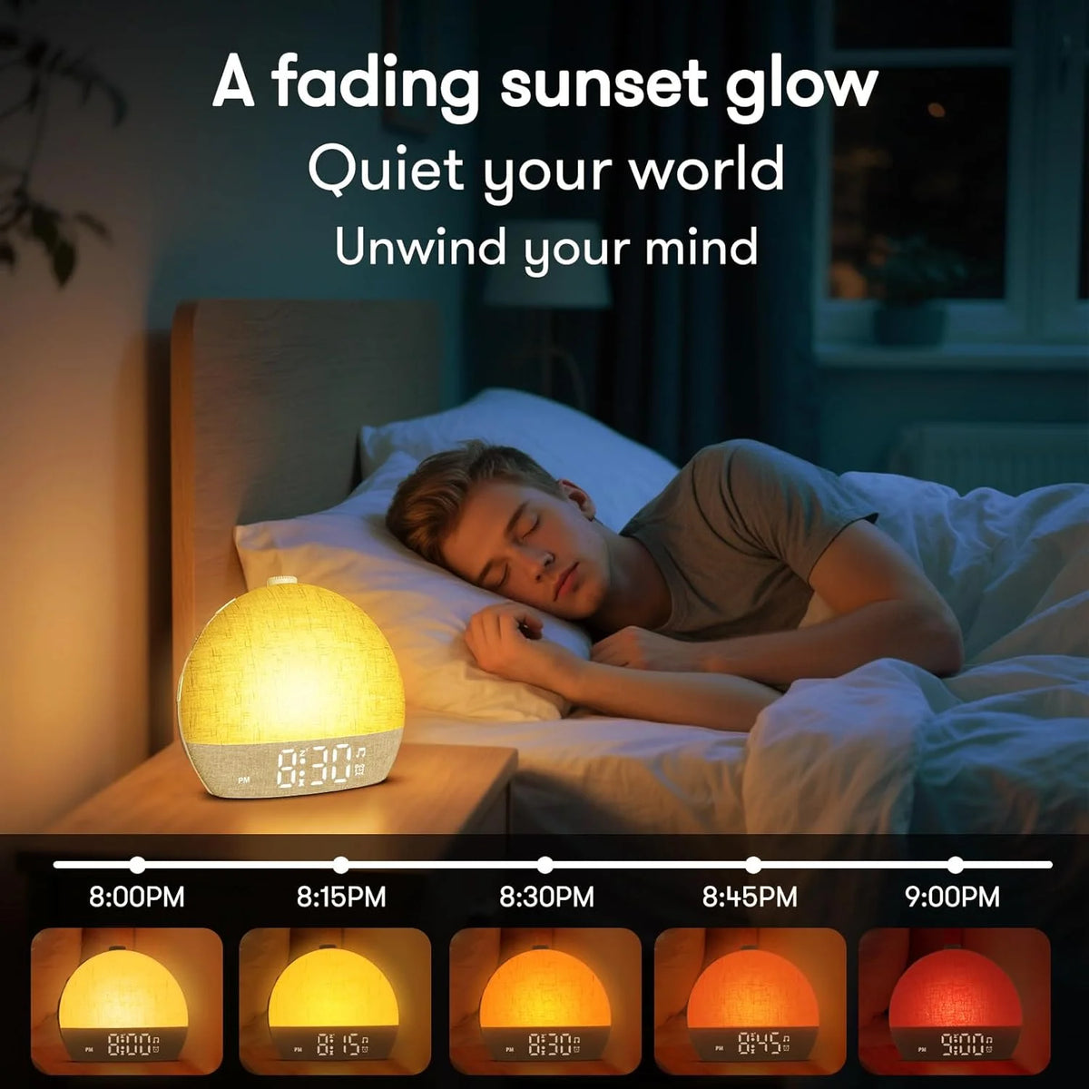 A bedside lamp emitting a warm glow is shown next to a man sleeping in bed, illustrating a fading sunset glow.