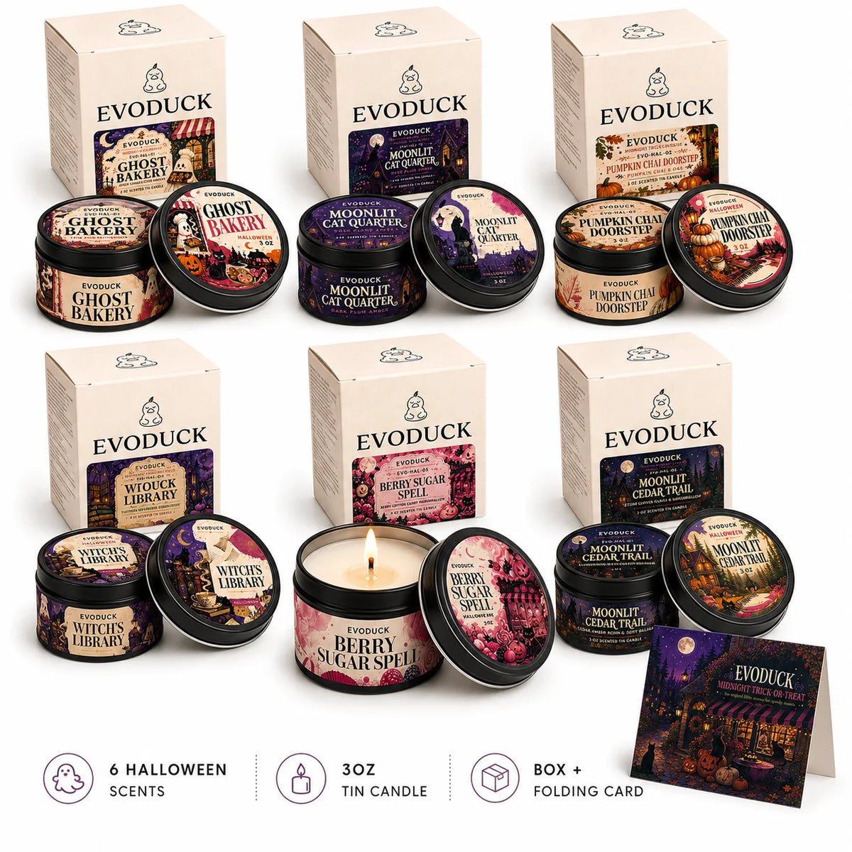 A set of six Evoduck candles in various scents including Ghost Baker, Moonlit Cat Quarter, Pumpkin Chai Doorstep, and Berry S