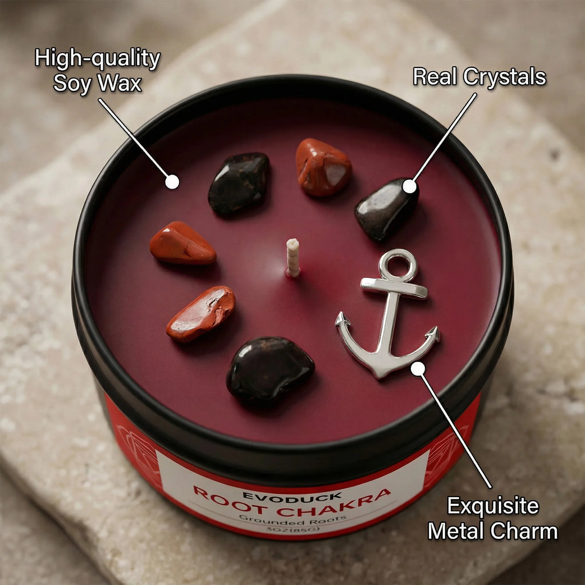 A jar of Evoduck Root Chakra Grounded Roots exquisite metal charm candle set with real crystals and charms