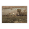 Peinture de paysage sombre et mélancolique avec un ciel brumeux et des arbres en silhouette sous une lune orange pâle.