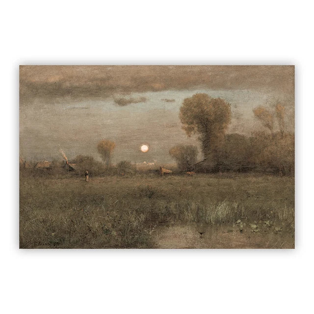 Peinture de paysage sombre et mélancolique avec un ciel brumeux et des arbres en silhouette sous une lune orange pâle.