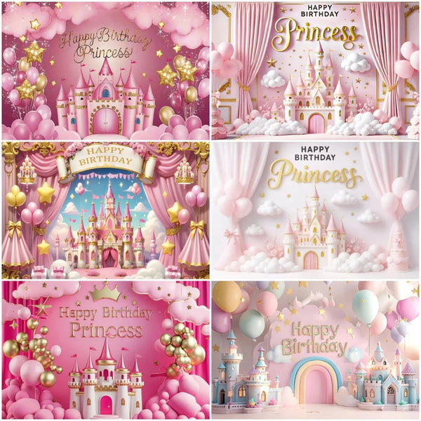 A collage of pink and gold birthday party backdrops featuring a princess castle theme with clouds and balloons.