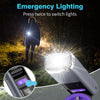 Emergency lighting device showing a hand holding a bright light beam and the product itself.