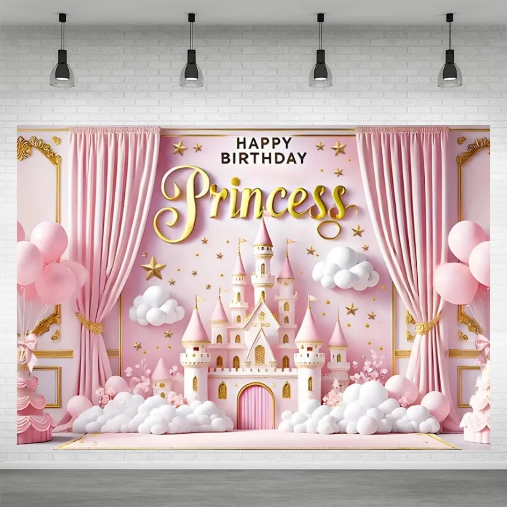 A pink and gold princess castle birthday party backdrop featuring pink clouds, flowers, and draped curtains.