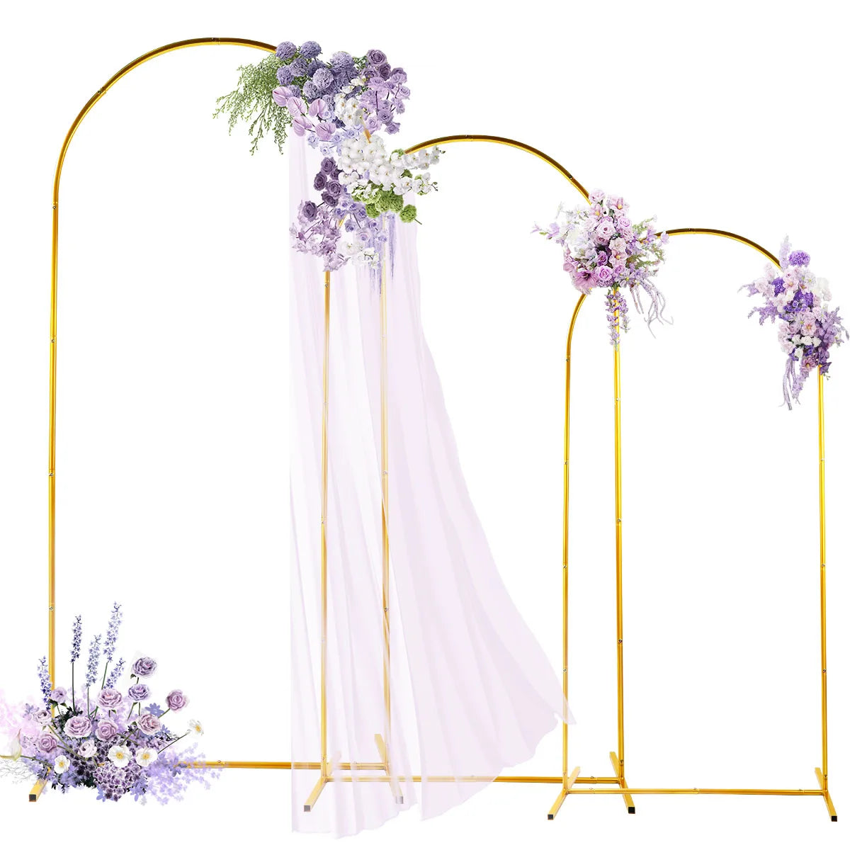 A gold metal arch backdrop with sheer lilac fabric draping and purple floral arrangements.