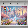 A fantasy backdrop featuring a pink castle, glowing light, and a white winged horse in a vibrant garden setting.
