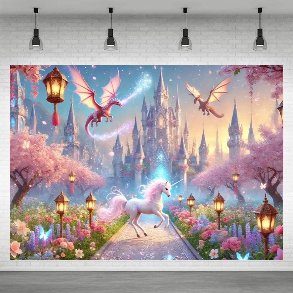 A fantasy backdrop featuring a pink castle, glowing light, and a white winged horse in a vibrant garden setting.