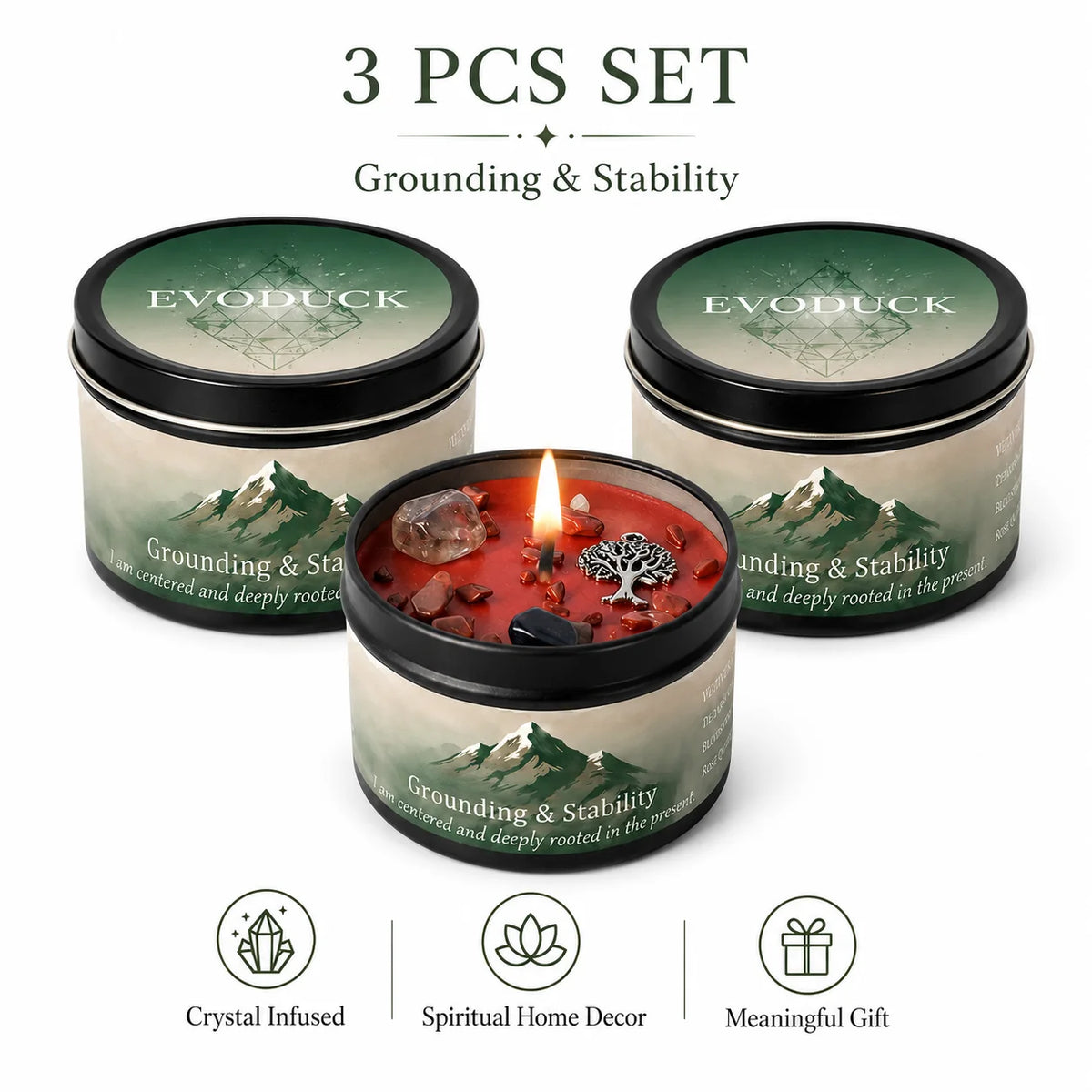 A set of three Evoduck grounding and stability candles in black tins, featuring crystal infused scents for spiritual home dec
