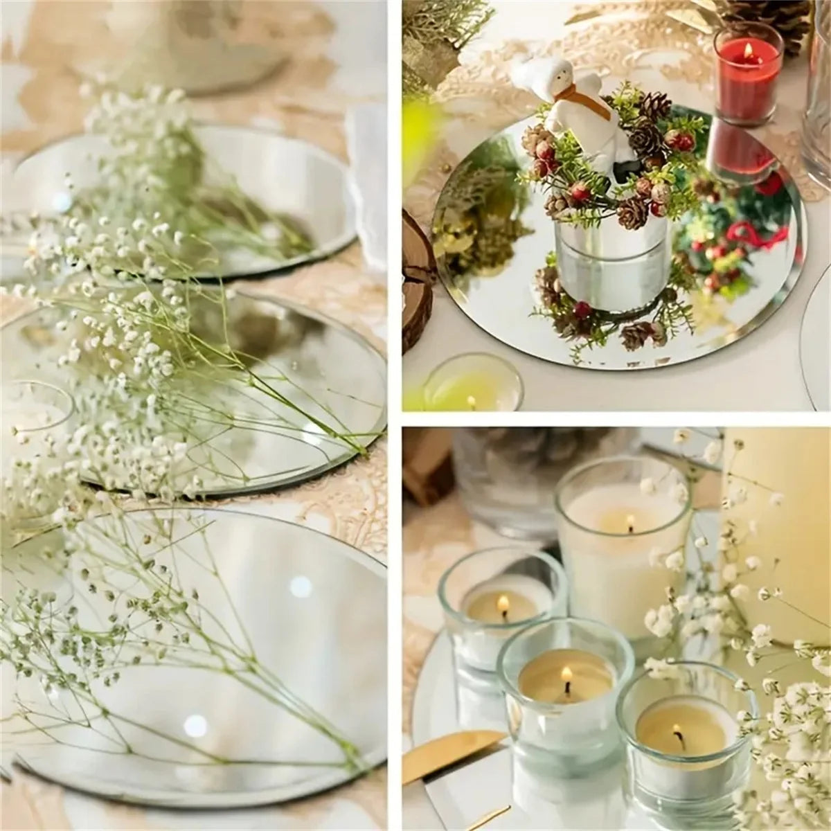Silver acrylic round mirror plates decorated with greenery and white flowers for wedding or party decor