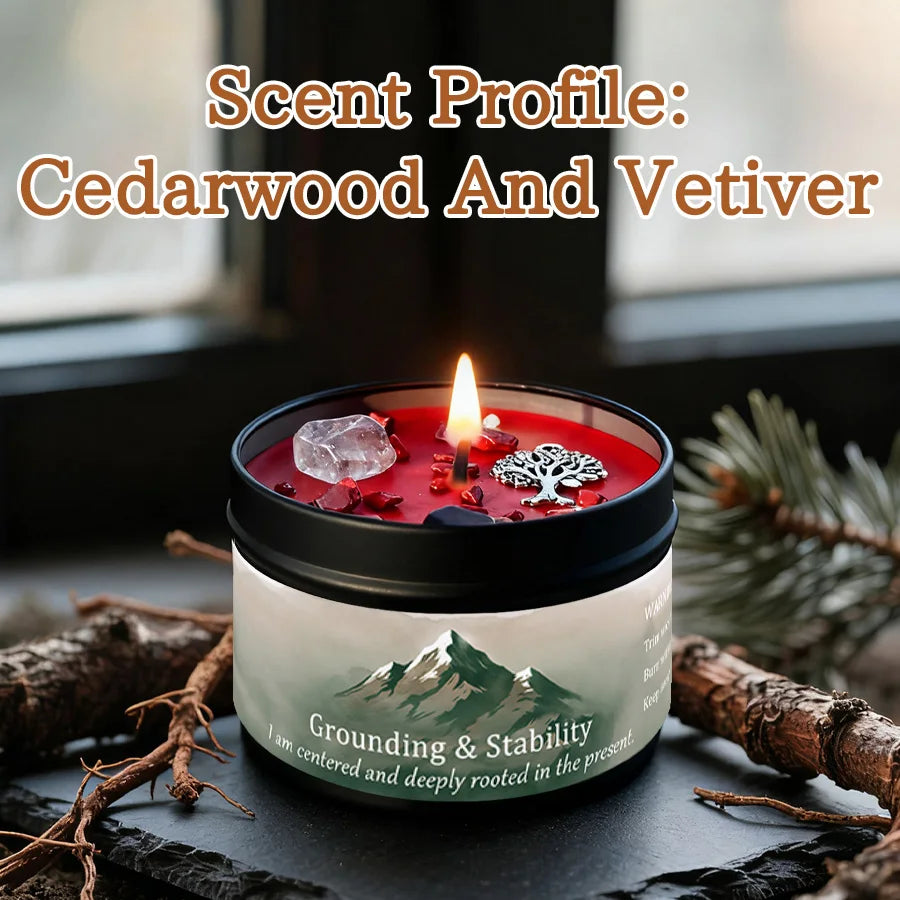 A jar of red candle wax with cedarwood and vetiver scent set against a dark background with pine branches.