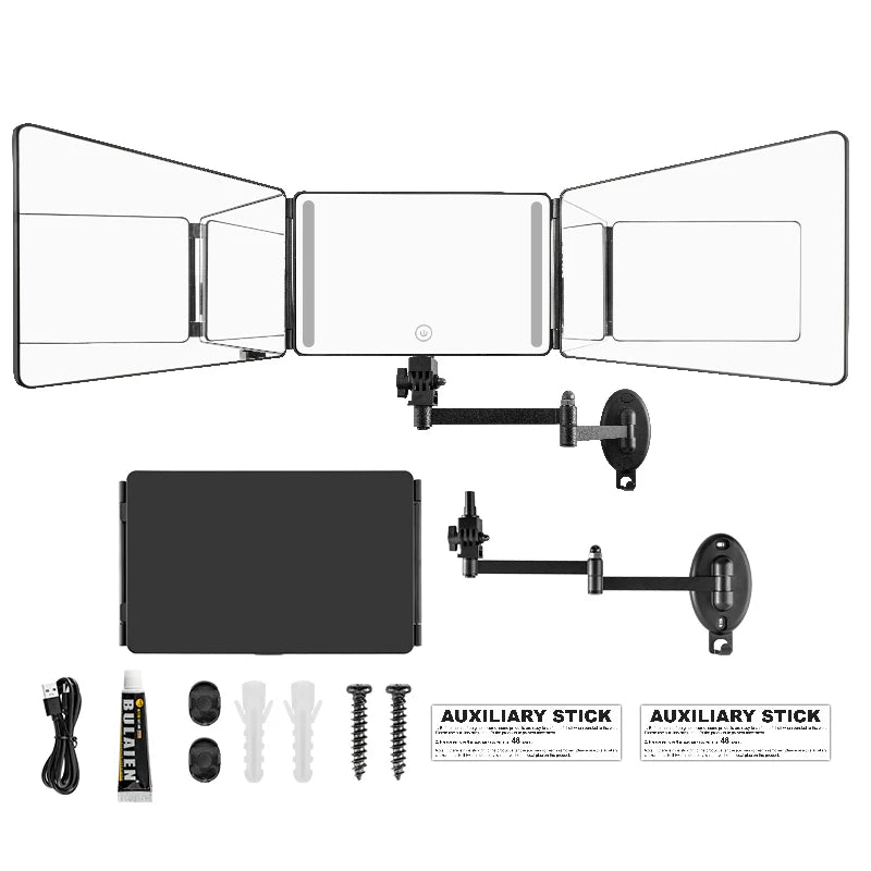 A set of three adjustable wall mounted hair cutting mirrors with LED lights and various mounting accessories