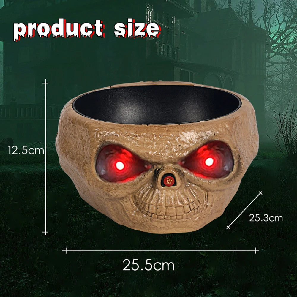 A terracotta skull bowl with glowing red eyes is shown against a dark, outdoor background.