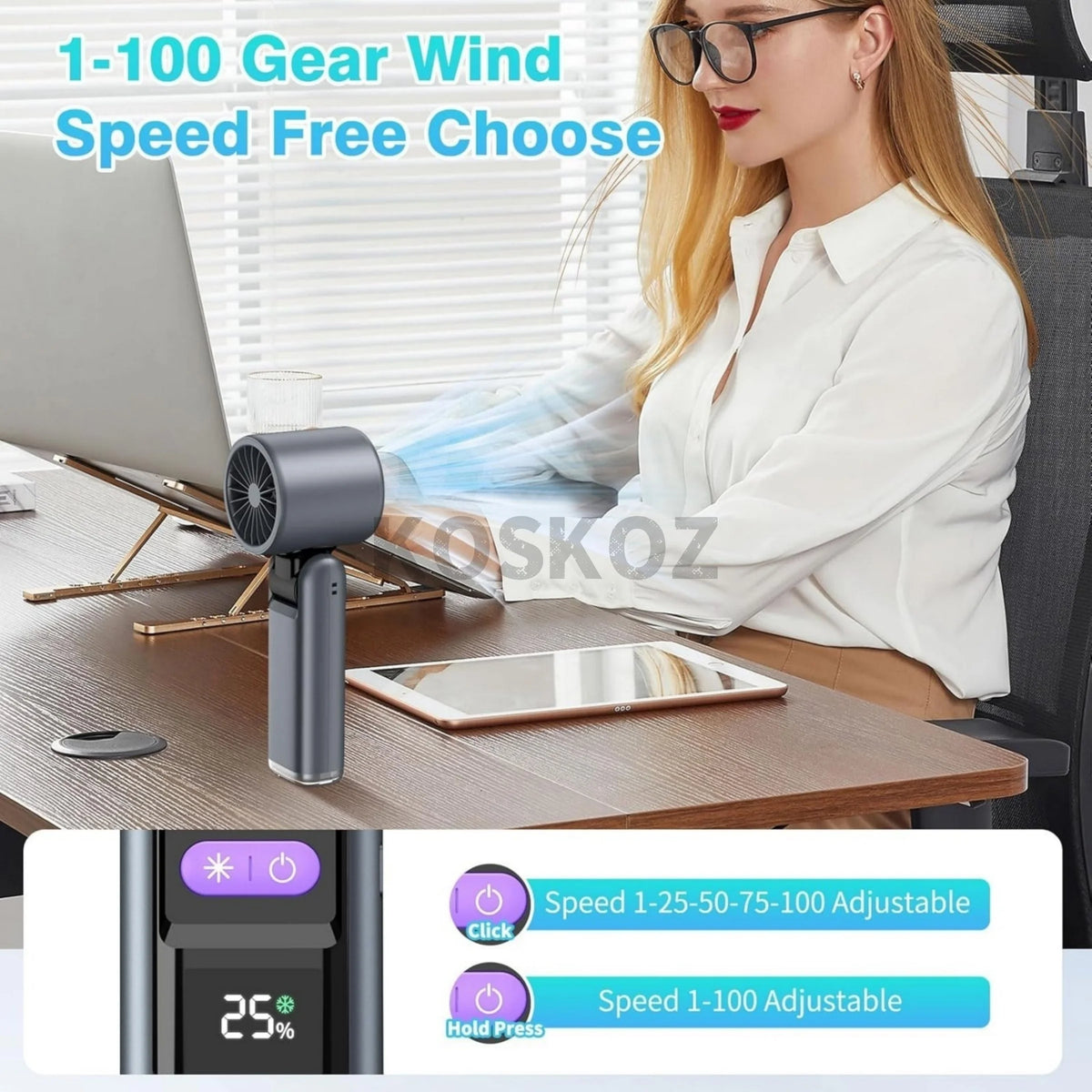 A woman is using a handheld cooling fan for personal use, demonstrating its speed adjustment features.