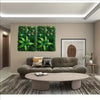 A modern living room featuring a sofa and coffee table in front of an artificial green plant wall panel.