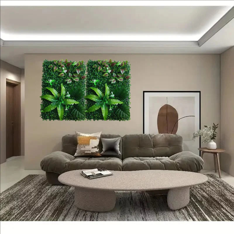 A modern living room featuring a sofa and coffee table in front of an artificial green plant wall panel.