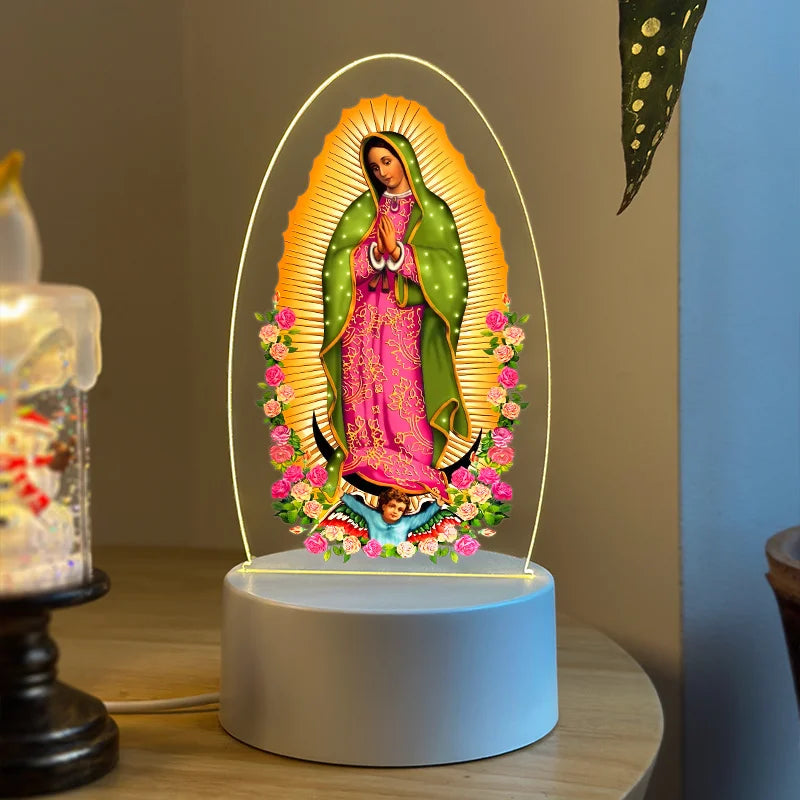 Acrylic LED night light of Our Lady of Guadalupe with a radiant sunburst halo