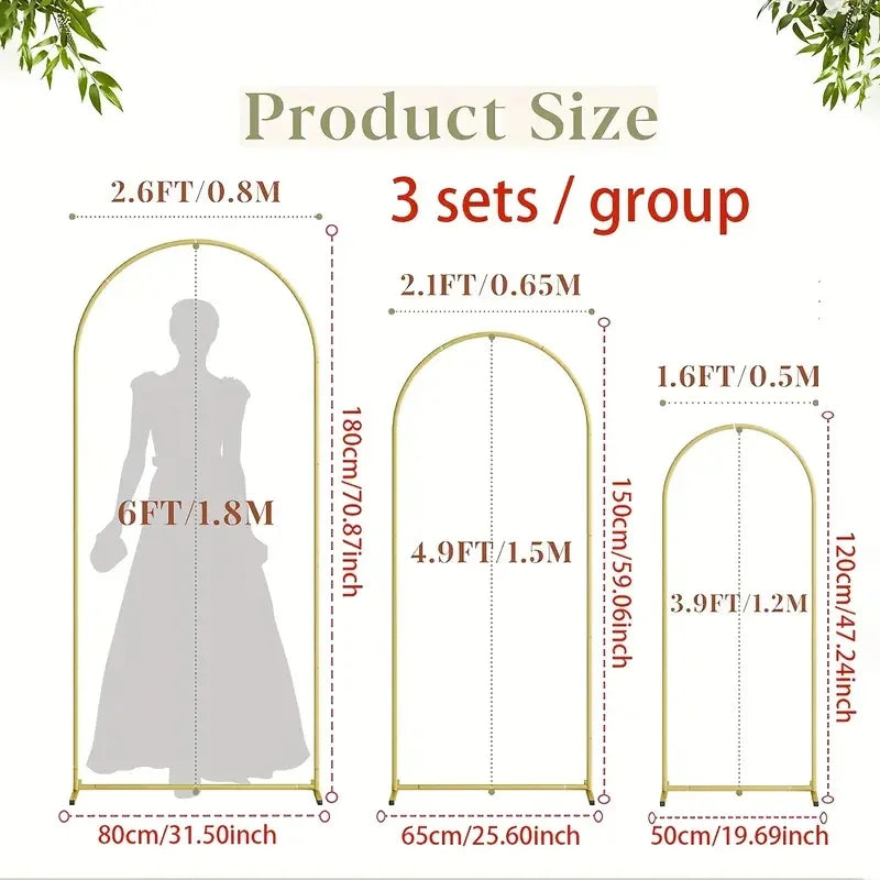 Three sets of gold-colored metal arch stands for events and celebrations, showing various sizes.