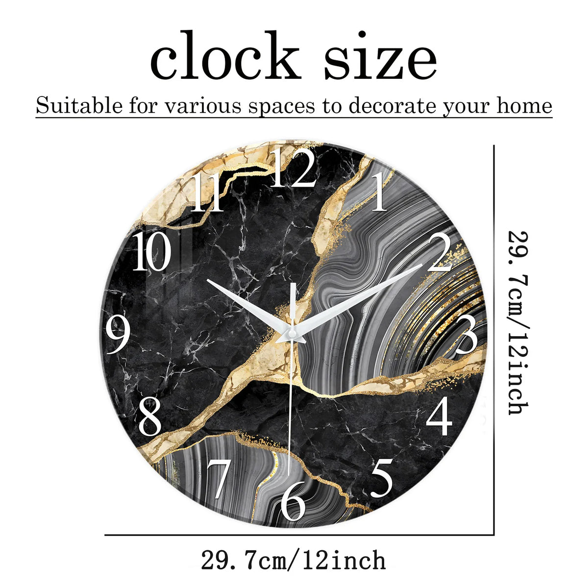A round black marble textured glass wall clock with gold accents showing the time.
