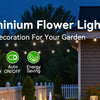 Solar Delphinium flower lights illuminating a garden and house exterior at dusk.